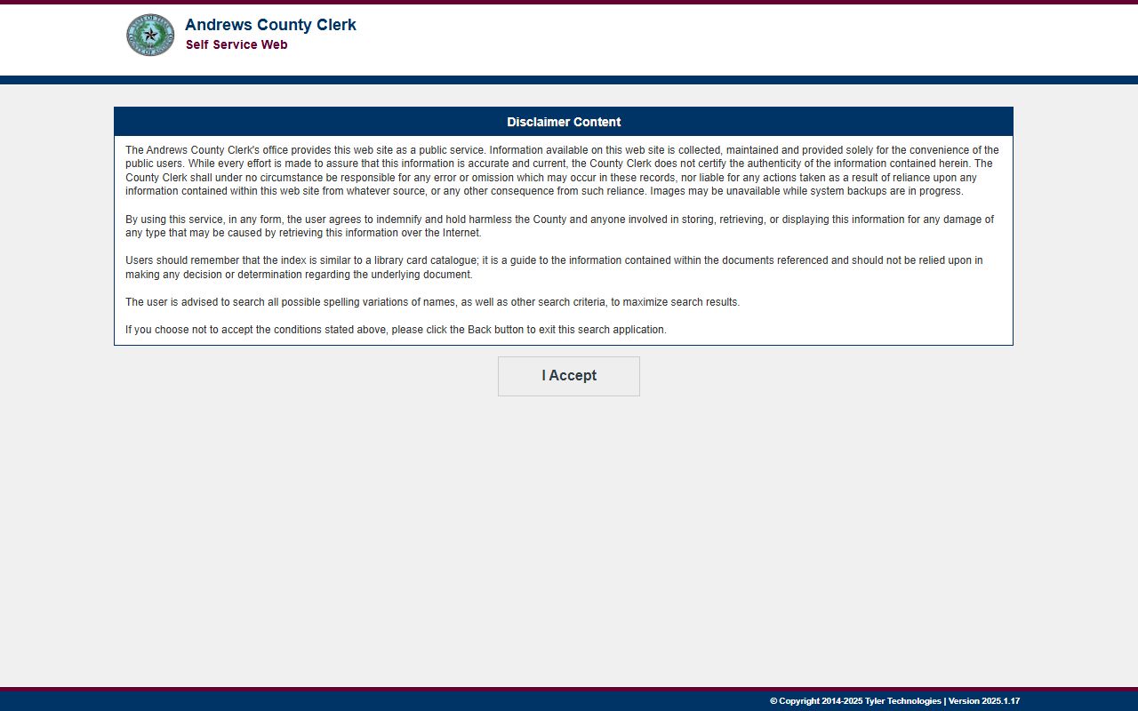 Andrews County court records portal screenshot